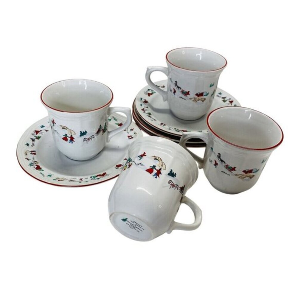 Farberware Christmas ’95 Bone China Cup & Saucer Set of 4 Holiday Red Trim